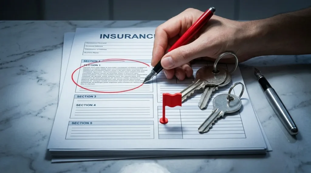 A hand circling a clause in an insurance policy symbolizing the anti concurrent causation red flag.