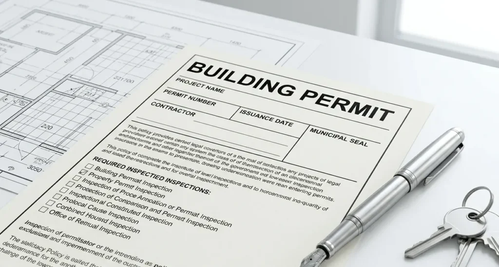 Official building permit documents and blueprints representing the cost of code compliance in tornado repairs.