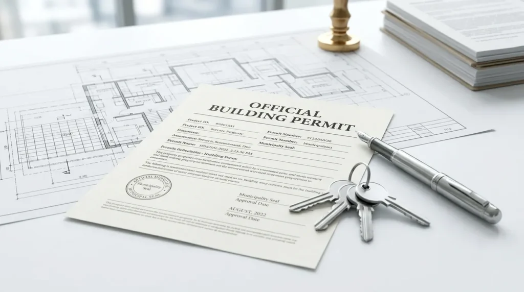 A building permit and house keys on a desk representing building code impacts on hurricane insurance claims.
