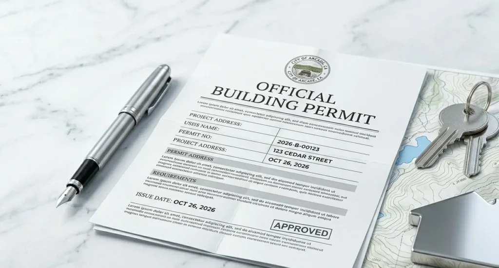 A building permit and house keys on a desk representing building code impacts on storm insurance claims.