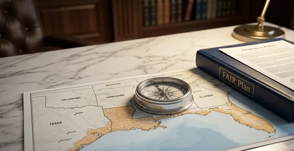 A map and insurance binder representing the challenges of the coastal insurance hard market.