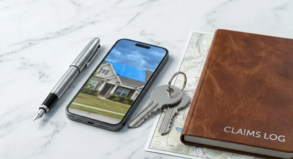 A smartphone and a claims log notebook on a desk symbolizing the documentation of storm damage.