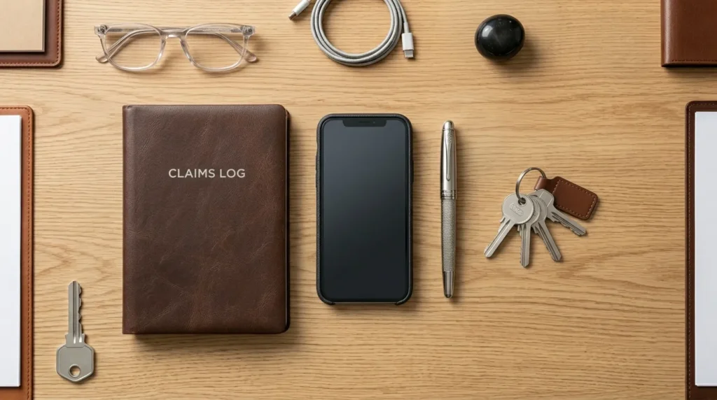 A smartphone and a claims log used for documenting property damage after a hurricane.