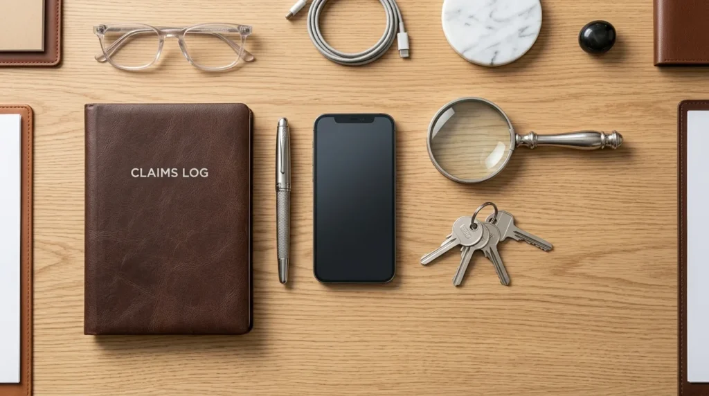 A modern smartphone and a leather journal used for documenting property damage after a tornado.