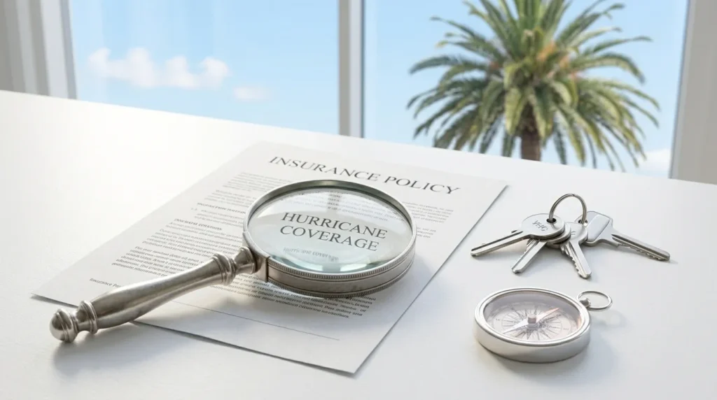 Does homeowners insurance cover hurricane damage: A magnifying glass over a homeowners insurance policy document detailing hurricane coverage and wind damage limits.