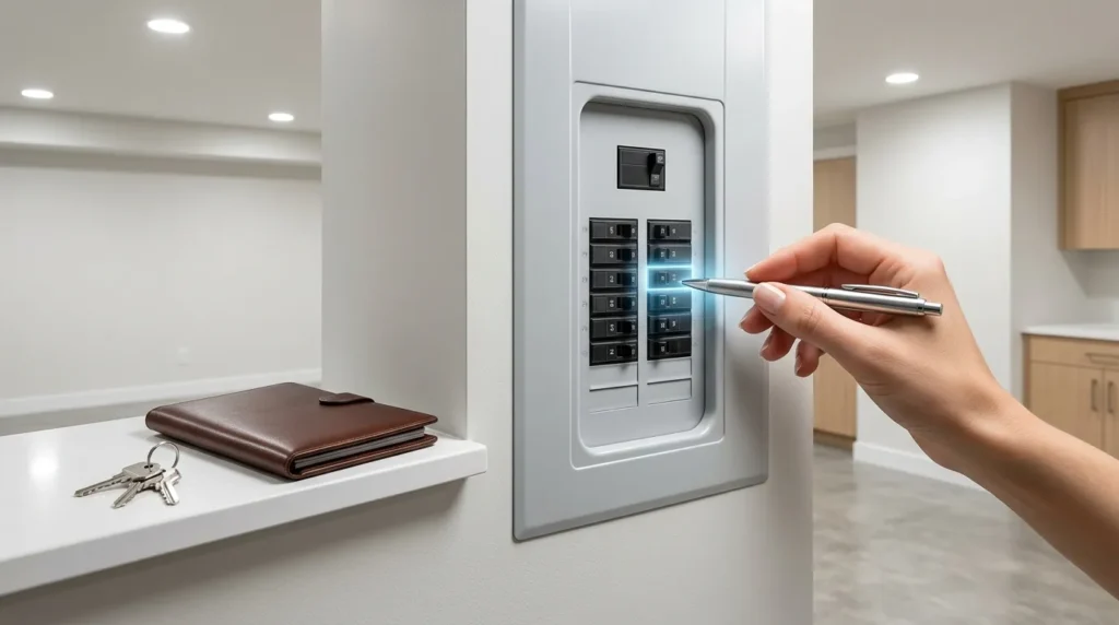 A hand inspecting a home electrical panel symbolizing the technical scrutiny of a lightning surge claim.