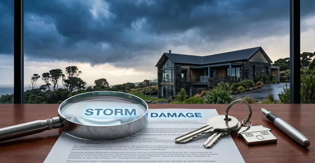 Does homeowners insurance cover storm damage: A magnifying glass and insurance policy on a desk symbolizing the scrutiny of storm damage coverage.