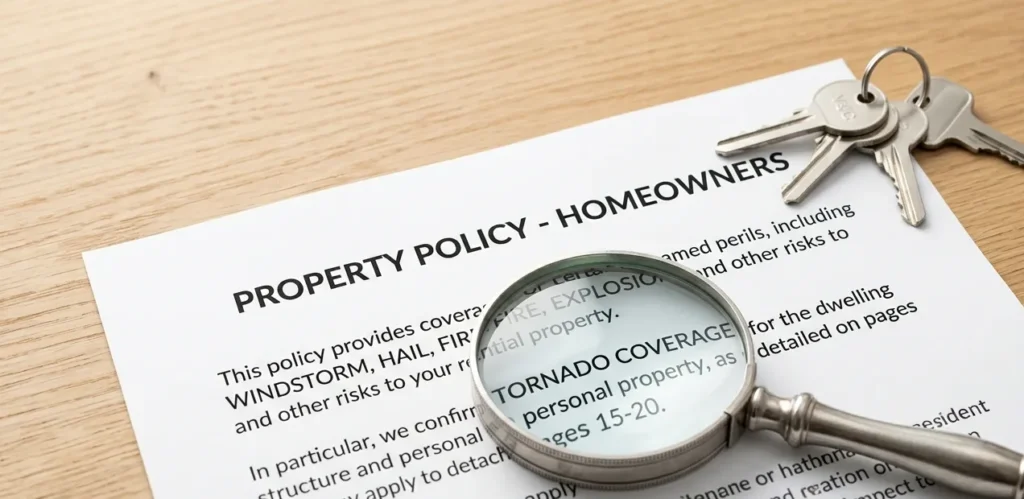Does homeowners insurance cover tornadoes: A professional magnifying glass over an insurance policy document detailing tornado coverage and rebuild limits.