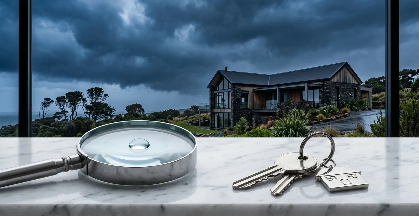 A magnifying glass and keys on a marble desk with a storm-damaged house background representing homeowners insurance coverage.