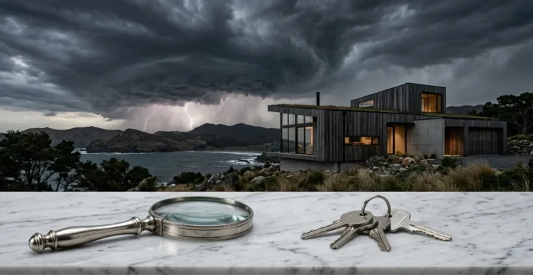 A magnifying glass and keys on a desk representing the professional scrutiny of tornado insurance coverage.
