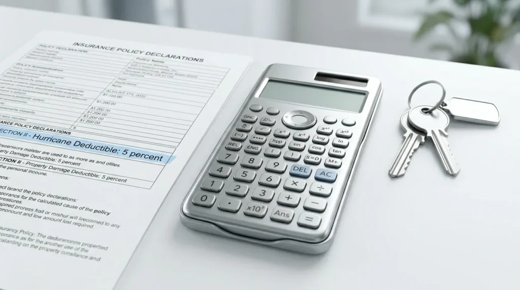 A silver calculator and insurance document highlighting a percentage-based hurricane deductible.