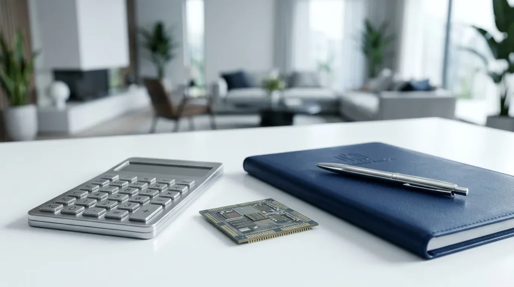 A microchip and calculator on an insurance document symbolizing lightning damage math for electronics.