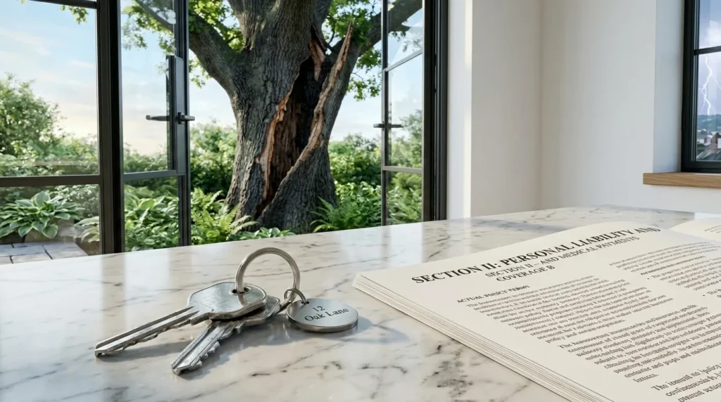 A set of house keys and an insurance policy showing coverage for a tree struck by lightning.