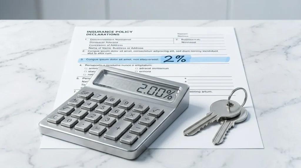 A calculator and insurance policy highlighting a percentage based wind deductible.