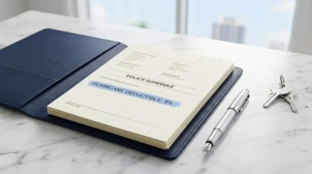 An insurance policy binder showing the technical details of hurricane and windstorm coverage.