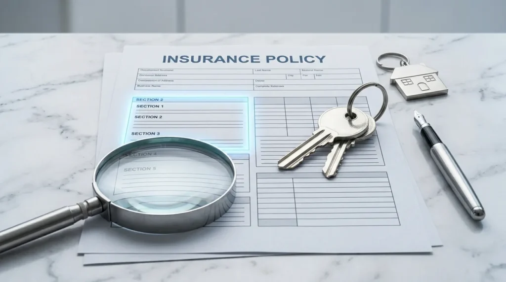 Does homeowners insurance cover storm damage: An insurance policy document on a marble desk highlighting wind and hail peril coverage.