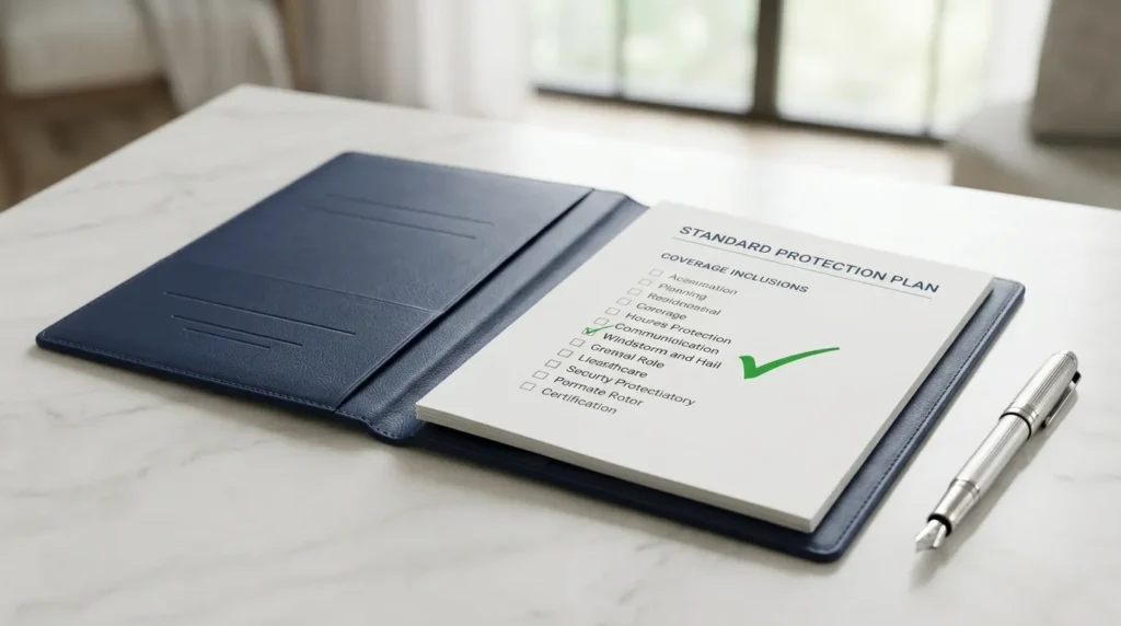 An insurance policy binder showing windstorm and tornado as a standard covered peril.