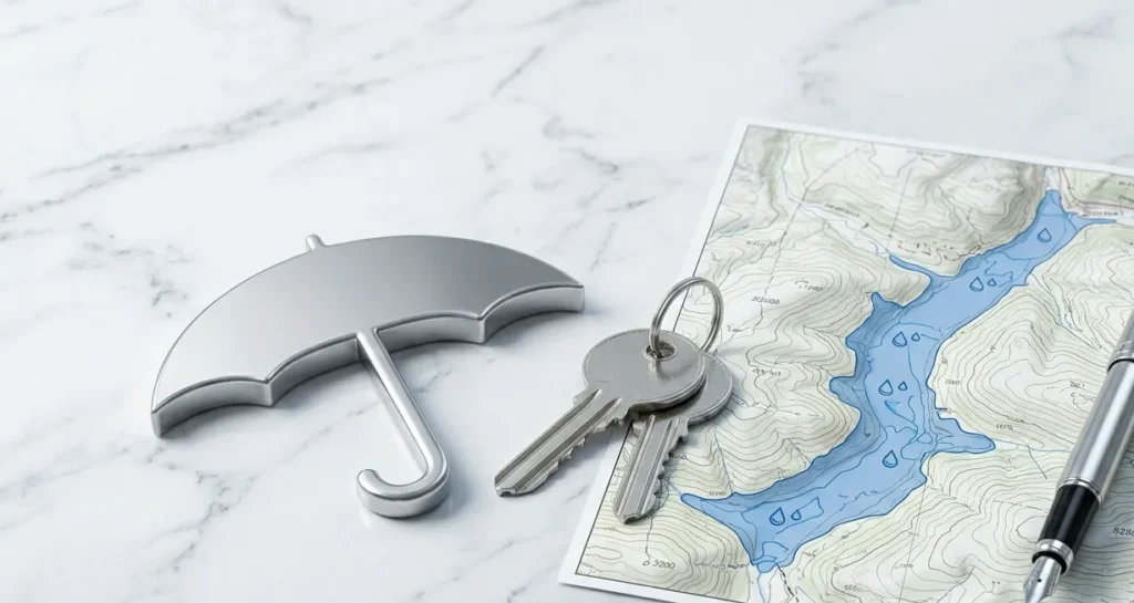 A topographic map and house keys representing the difference between storm damage and flood exclusions in insurance.
