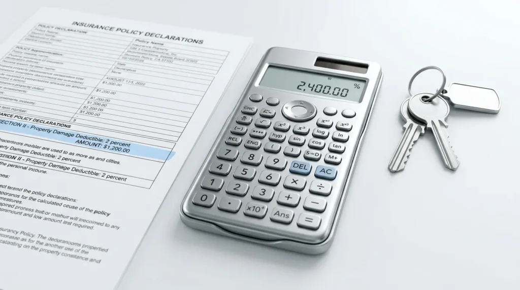 A silver calculator and insurance document highlighting the math of percentage based tornado deductibles.