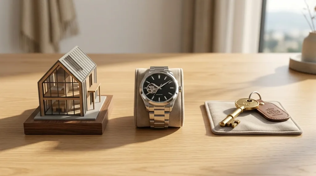 Three symbolic objects representing dwelling, personal property, and additional living expenses for tornado claims.