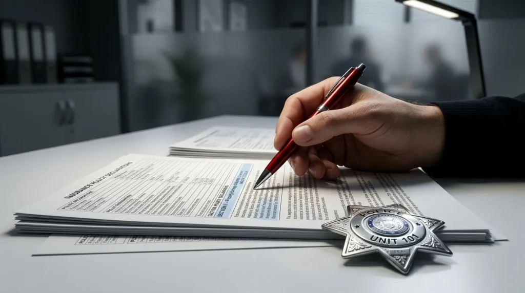 A professional desk with a red pen pointing to the exclusions section of a homeowners insurance policy.