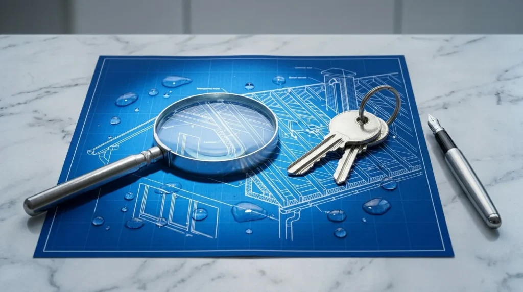 A magnifying glass over a roof blueprint with water droplets representing the wind driven rain rule in homeowners insurance.