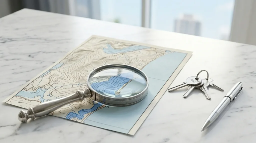 A magnifying glass over a coastal map representing the difference between wind and flood insurance logic.